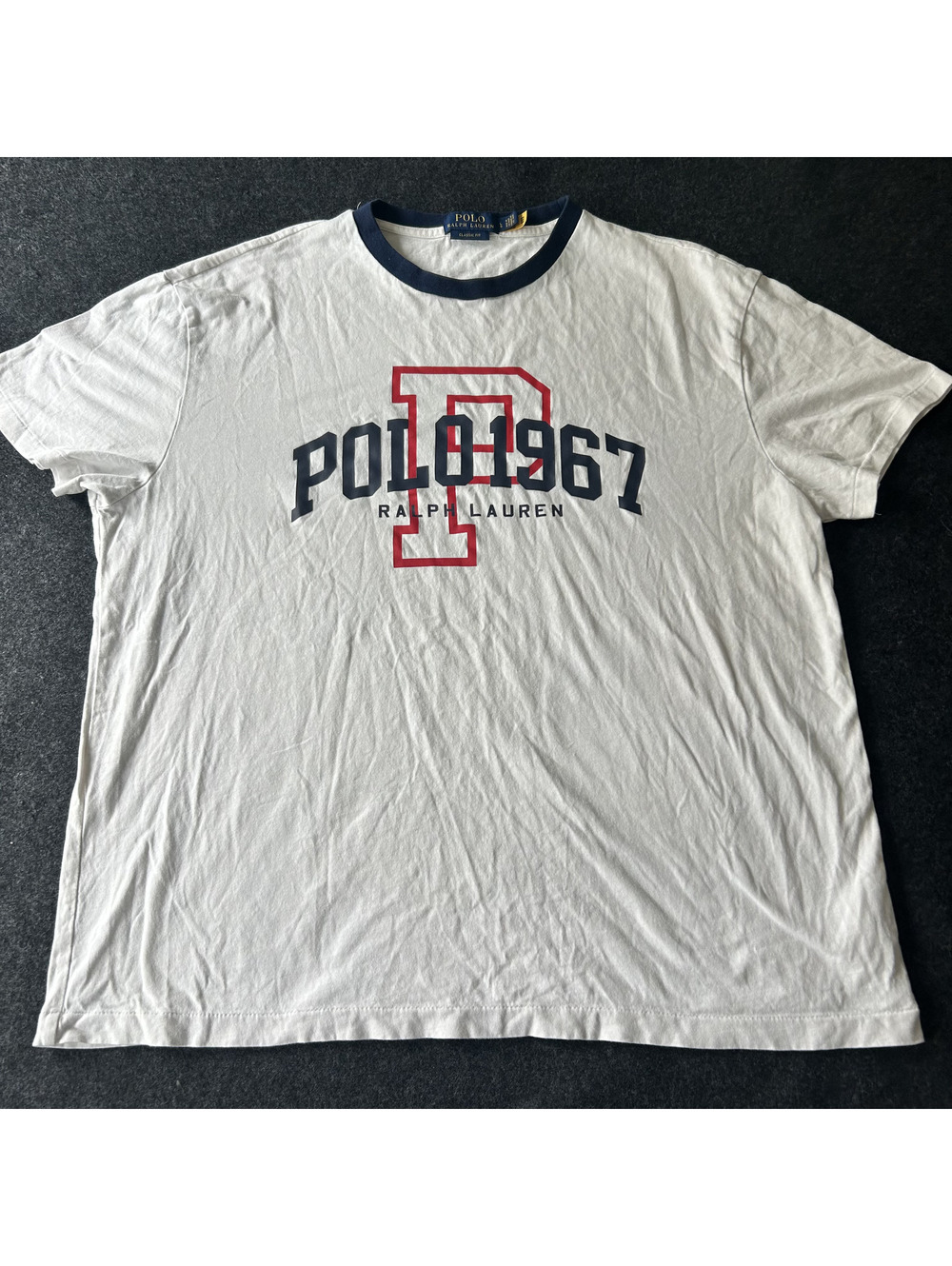 Polo Ralph Lauren 1967 Graphic T-Shirt Men's Large Off-White Blue Ringer Tee